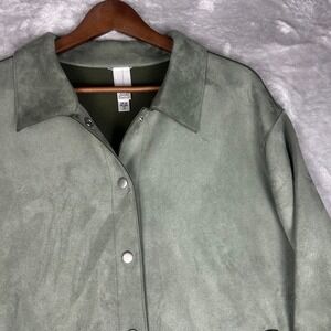 WYNNE LAYERS Olive Green Faux Suede Button Down Shirt Jacket 1X Oversized